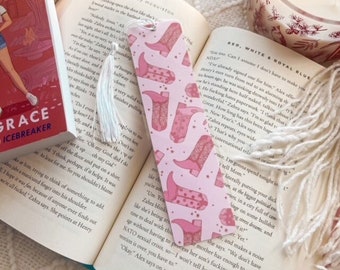 Pink Western Cowboy Boots & Hearts Bookmark | Handmade Bookmarks | Laminated w/ Tassel Valentine's Day | Bookish Gift for Reader Bookworm
