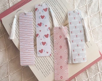 Cute Pastel Hearts Balloons Swans Valentine's Day Bookmark Collection | Handmade Laminated w/ Tassel Bookmarks | Pink Stripes Bookish Gift