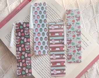 Cute Pastel Valentine's Day Treats Bookmark | Laminated w/ Tassel Chocolate Covered Strawberries Hearts Love Bookmarks | Bookish Gift Reader