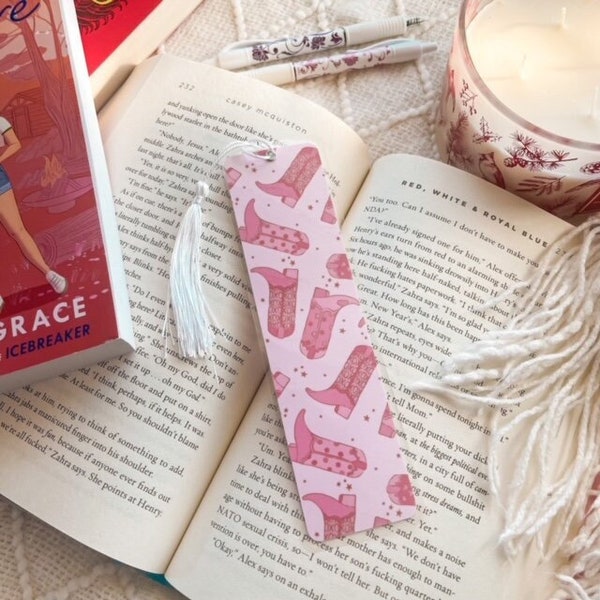 Pink Western Cowboy Boots & Hearts Bookmark | Handmade Bookmarks | Laminated w/ Tassel Valentine's Day | Bookish Gift for Reader Bookworm