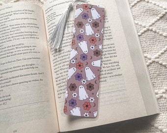 Boho Pastel Ghosts Moons and Floral Halloween Bookmark | Handmade Laminated w/ Tassel Bookmarks | Bookish Gift for Reader Bookworm