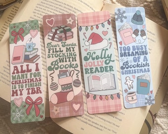 Cozy Christmas Reader Holiday Bookmark Set | Handmade Laminated w/ Tassel Bookmarks | Santa Cozy Stocking TBR Bookish Gift for Reader