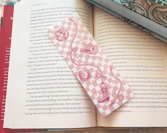 Pink Pastel Disco Cowboy Bookmark | Handmade Laminated w/ Tassel Bookmarks | Cute Summer Boots Bookish Gift for Reader Bookworm Checkered