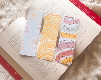 Bright Summer Floral & Smiley Face Bookmark Set | Handmade Laminated w/ Tassel Bookmarks | Bookish Gift Yellow Rainbow Flowers Reader Books