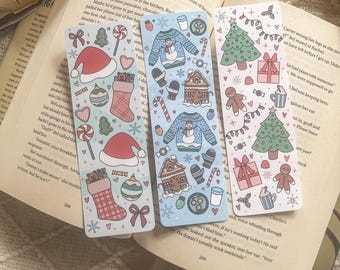Cute Christmas Bookmark Set | Handmade Laminated w/ Tassel Bookmarks | Bookish Holiday Santa Sweater Tree Gingerbread Bookish Gift Reader