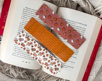 Fall Themed Pumpkin Spice Bookmark Set | Handmade Laminated w/ Tassel Bookmarks | Pumpkins Halloween Cute Leaves Bookish Gift for Reader