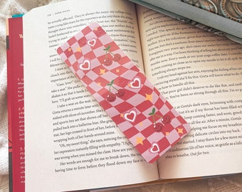 Summer Cherries & Hearts Bookmark | Handmade Laminated w/ Tassel Bookmarks | Cute Pink Checkered Bookish Gift for Reader Bookworm Pastel