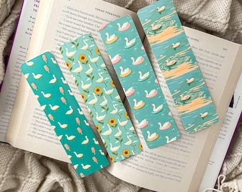 Poolside Geese & Ducks Bookmark Set | Handmade Laminated w/ Tassel Bookmarks | Cottagecore Summer Blue Sunflowers Bookish Gift for Reader
