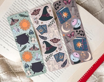Witchy Halloween Themed Bookmark Set | Handmade Laminated w/ Tassel Bookmarks | Skulls Tarot Moths Crystal Ball Witches Wicca Bookish Gift