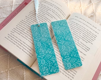 Abstract Blue & White Design Bookmark | Handmade Bookmarks | Laminated w/ Tassel | Bookish Gift for Reader Bookworm Bibliophile Cute Floral