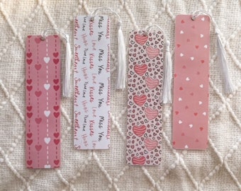 Pink Pastel Valentine's Day Hearts Bookmark Collection | Laminated w/ Tassel Kisses Love Hugs Miss You Bookmarks | Bookish Gift for Reader