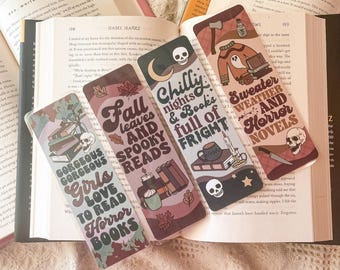 Fall Themed Horror Spooky Reader Halloween Bookmark Set | Handmade Laminated w/ Tassel Bookmarks Sweater Weather Gorgeous Girls Reader Gift