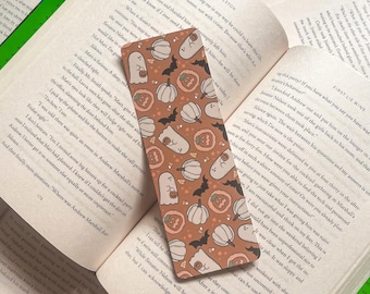 Halloween Sugar Cookie Pumpkins Ghosts & Bats Bookmark | Handmade Laminated w/ Tassel Bookmarks | Bookish Gift for Reader Bookworm Orange