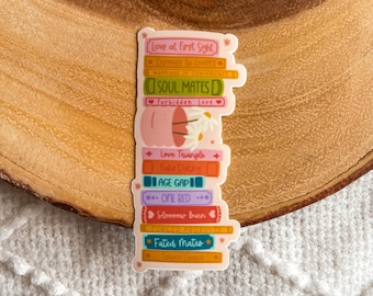 Romance Tropes Book Stack Sticker | Floral Pastel Bookish Stickers | Glossy & Water Resistant | Bookworm Gift for Kindle Laptop Water Bottle