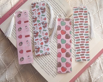 Cute Pastel Valentine's Day Treats Bookmark Collection | Hearts Love Strawberries | Handmade Laminated w Tassel Bookmarks | Bookish Gift