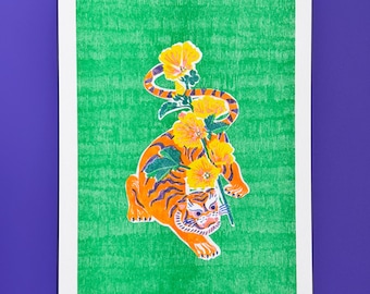 Illustration imprimée Le tigre et la fleur - Risographie A5