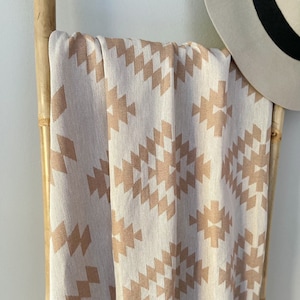 Aztec Cotton Lighweight Reversible Throw 100 Soft Turkish Cotton Aztec Mosaic Ivory and Clay Boho Decor Housewarming Gift