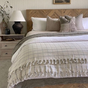 Rustic Farmhouse Blanket | Handwoven Turkish Cotton, Windowpane Design Blanket  l Neutral Minimalist Home Decor Bedrunner