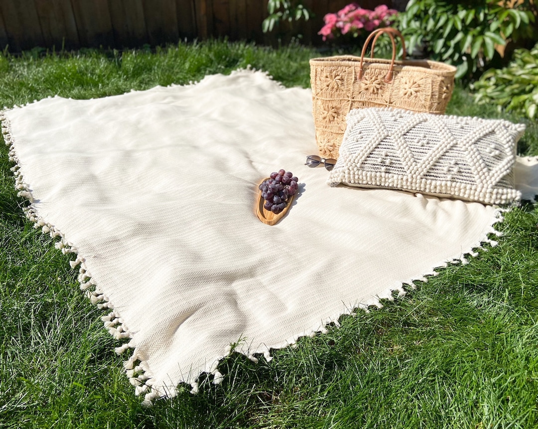 Buttery Cream Large Picnic Blanket Handwoven 100% Turkish Cotton L