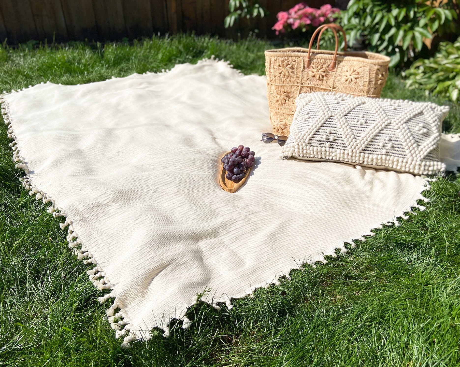 Buttery Cream Large Picnic Blanket Handwoven 100 Turkish Cotton L
