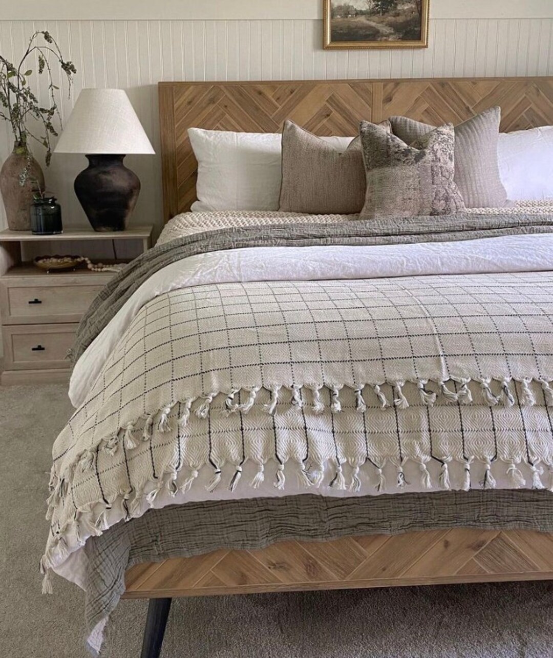 Rustic Farmhouse Blanket Handwoven Turkish Cotton, Windowpane Design