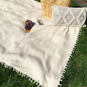Buttery Cream Large Picnic Blanket | Handwoven 100% Turkish Cotton l Herringbone | Soft Rustic Farmhouse Throw Blanket | Handknotted Tassels image 6