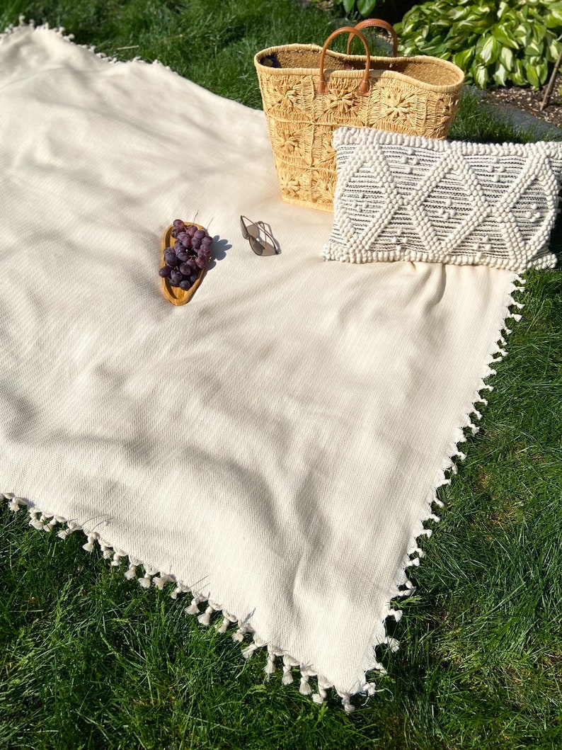 Buttery Cream Large Picnic Blanket | Handwoven 100% Turkish Cotton l Herringbone | Soft Rustic Farmhouse Throw Blanket | Handknotted Tassels image 6