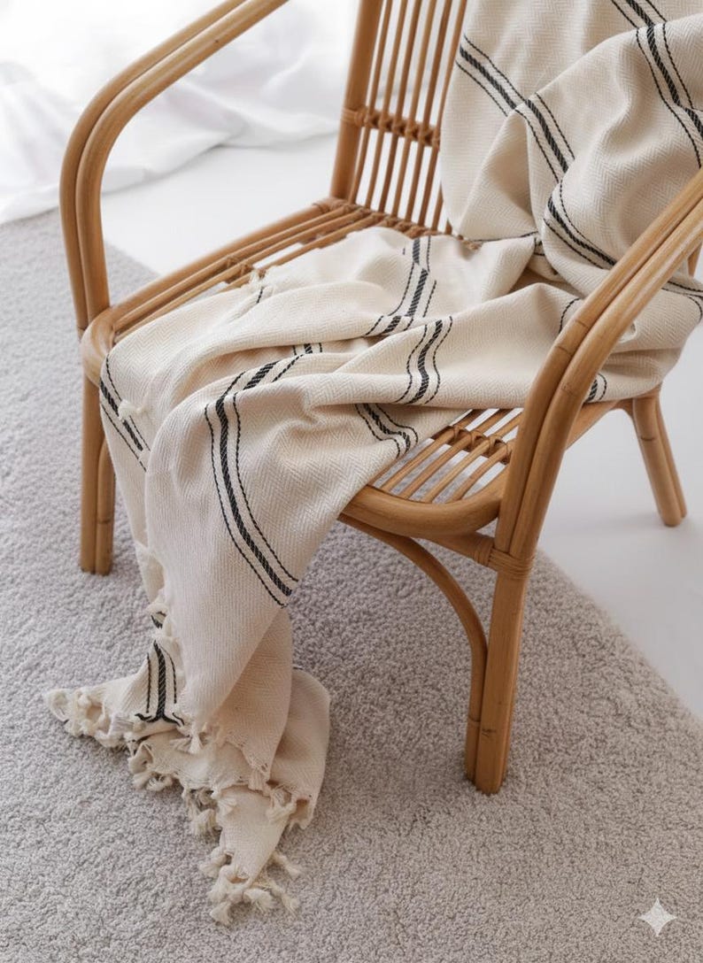 Buttery Cream Large Picnic Blanket | Handwoven 100% Turkish Cotton l Herringbone | Soft Rustic Farmhouse Throw Blanket | Handknotted Tassels image 3