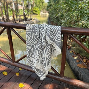 Turkish Cotton Beach or Bath Towel, African Design Elements, Reversible (2 in 1) Design, Large Size, Grey and White Towel with Fringe