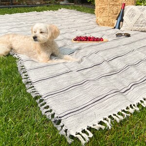 Buttery Cream Large Picnic Blanket | Handwoven 100% Turkish Cotton l Herringbone | Soft Rustic Farmhouse Throw Blanket | Handknotted Tassels Lara (Black Stripes)