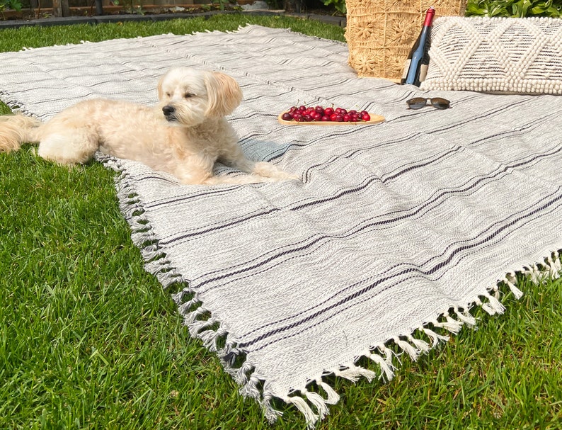 Buttery Cream Large Picnic Blanket | Handwoven 100% Turkish Cotton l Herringbone | Soft Rustic Farmhouse Throw Blanket | Handknotted Tassels Lara (Black Stripes)