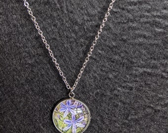 Purple flower necklace and earring set, handmade, steel back with glass cabochon,