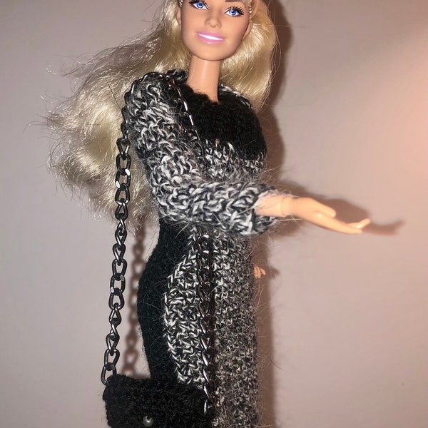 Black and White. B&W dress, with shawl (shrung) and handbag Barbie doll clothes 11.5 fashionista trend 2024 3 pieces