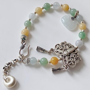 Natural Tri-Color Lucky Jade Bracelet w/ Silver Butterfly & Ruyi Charm •925 sterling silver Bracelets• Beaded Bracelets• Gemstone Bracelets