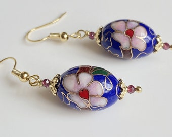 Blue Cloisonne Beaded Earrings•Vintage  Earrings•Handmade Earrings•QiPao Earrings•Flower Earrings