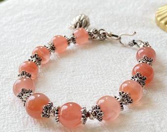 Sterling Silver Red Agate Bracelet: Hand-Engraved Silver Peach Blossom Charm
