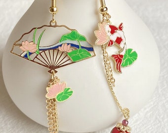 Cloisonne Bead Earrings •Fan Earrings•Handmade Earrings•Cheongsam Earring•Fish earrings•