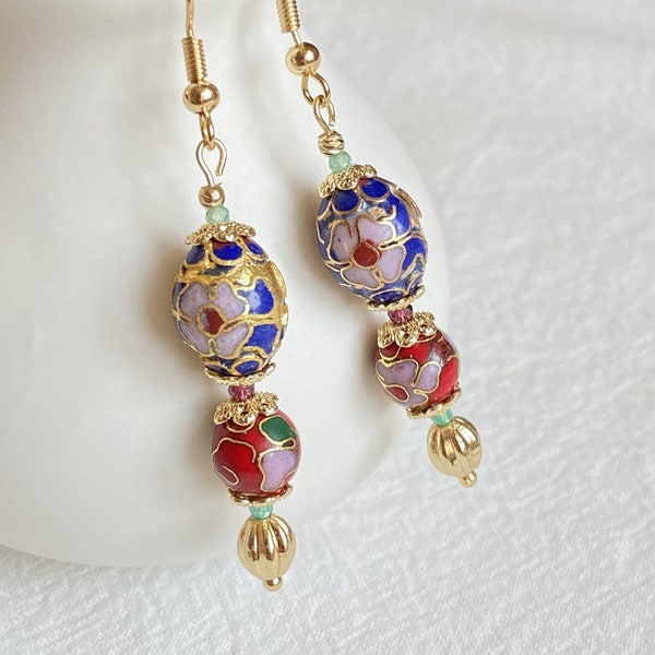 Cloisonne Earrings•Qipao Earrings•Gold and red earrings•Antique Jewelry•Handmade earrings•Dangles Earrings•Flower earrings