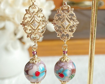 Cloisonne Beaded Earrings•Pink Earrings•Handmade Earrings•QiPao Earrings•Flower Earrings