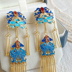 925 Silver Tassel Earrings•Antique Jewelry Earrings • Cloisonne Earrings•Silver Filigree Earrings