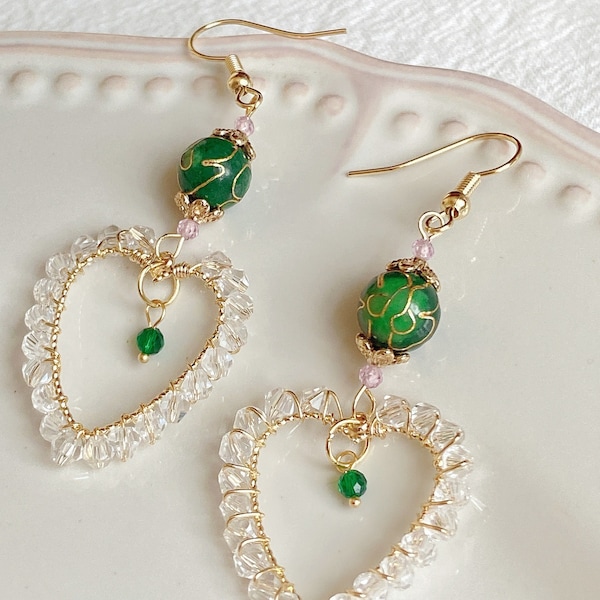 Cloisonne Bead Earrings•Green Earrings•Heart Earrings•Antique Jewelry•Handmade Earrings•Cheongsam Earring