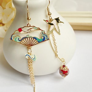 Cloisonne Bead Earrings • Vintage Chinese Earrings • Fan Earrings•Antique Jewelry•Handmade Earrings•Cheongsam Earring •Christmas Gift