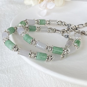 Natural Jade Beaded Bracelet Set of 2•925 sterling silver Bracelets•Cheongsam Bracelets•Yoga Jewelry•Handmade Jewelry