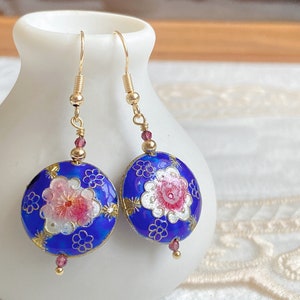 Cloisonne Earrings•Blue earrings •Bridesmaid Earrings •Dainty Earrings•Flower earrings•Enamel Earrings