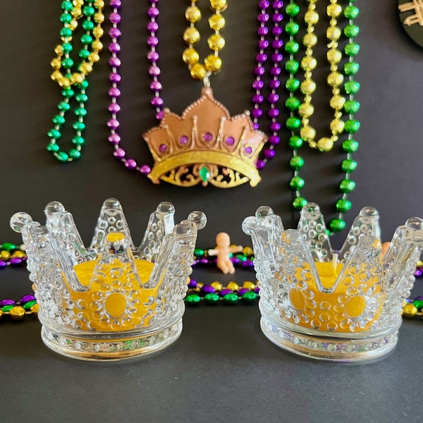 Pair of Glass Crown Votive Holders with King Cake Scented Tealight Candles