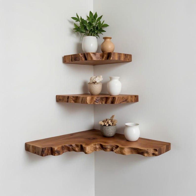 Live Edge Corner Shelf Solid Wood Floating Shelves on Wall Handcarved ...