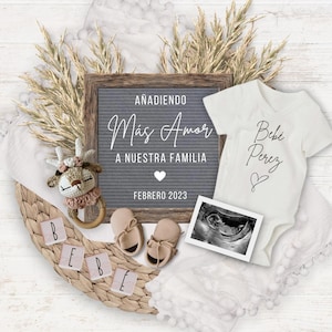 Boho-zwangerschapsaankondiging SPAANS, Baby Reveal Social Media, Anuncio de Embarazo, Añadiendo más amor a nuestra familia, Pregancy Flat Lay
