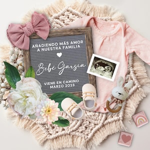 Boho Girl Pregnancy Announcement SPANISH, Baby Girl Reveal Social Media, Anuncio de Embarazo, Añadiendo más amor a nuestra familia