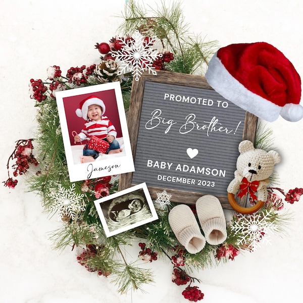 Christmas Pregnancy Announcement, Baby Announcement, Reveal Pregnancy, Promoted to Big Brother announcement, Pregnancy Flat Lay