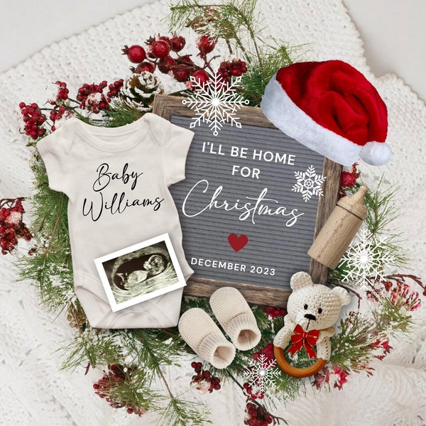 I'll Be Home for Christmas Pregnancy Announcement, Santa Social Media Baby Reveal, December 2024 Due Date, Pregnancy Flat Lay